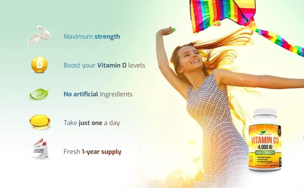 Vitamin D 4,000 IU, Maximum Strength Vitamin D3 Supplement, 365 Easy to Swallow Softgels - Full Year Supply