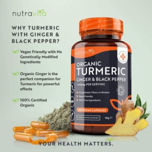 Organic Turmeric Curcumin 1440mg with Black Pepper & Ginger - 180 Vegan Turmeric Capsules High Strength (3 Month Supply) – Certified Organic by Soil Association - Made in The UK by Nutravita