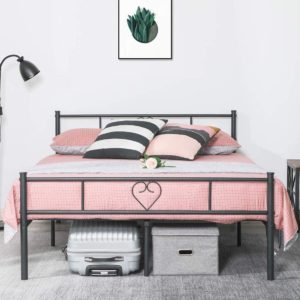 Aingoo Double Bed Frame 4ft 6 Metal Bed with Heart-Shaped for Adults Kids Children Solid Bedstead Base Large Storage Space, Black