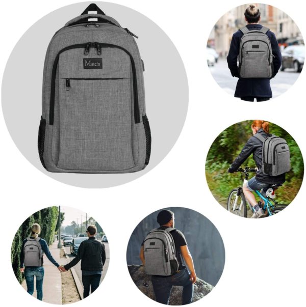 MATEIN Travel Laptop Backpack, Work Bag Lightweight Laptop Bag with USB Charging Port, Anti Theft Business Backpack, Water Resistant School Rucksack Gifts for Men and Women, Fits 15.6 Inch Laptop-Grey