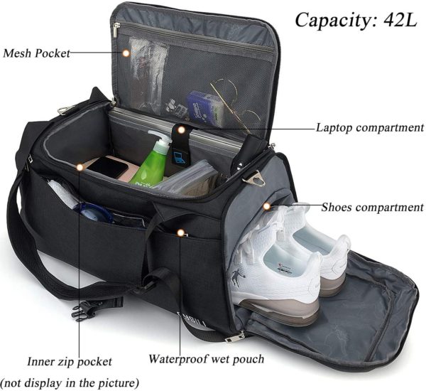 BonClare Sports Duffle Bag with Shoes Compartment and Wet Pocket, 42L Waterproof Gym Bag for Men and Women, Durable Travel Duffel Bag with Shoulder Strap and Combination Lock