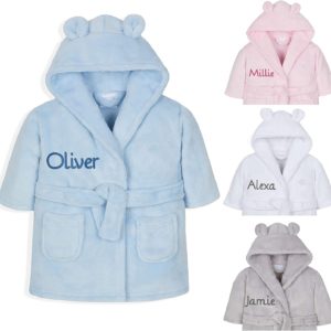 Personalised Embroidered Baby Bath Robe Dressing Gown Soft Gift Pink/Blue/White Teddy Ears Boy Girl Present 0-24 Months