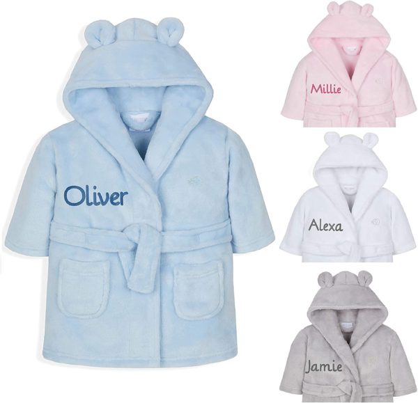 Personalised Embroidered Baby Bath Robe Dressing Gown Soft Gift Pink/Blue/White Teddy Ears Boy Girl Present 0-24 Months