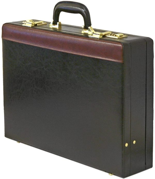 Tassia Faux Leather Expanding Briefcase - Twin Combination Lock System - Black with Brown Trim