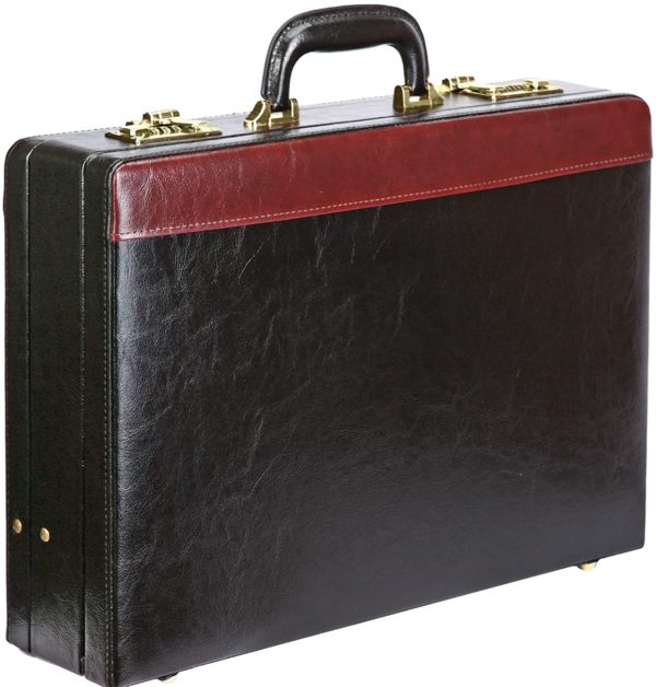 Tassia Faux Leather Expanding Briefcase - Twin Combination Lock System - Black with Brown Trim