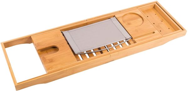 Relux Premium 100% Natural Bamboo Bath Caddy Bridge – Extendable Luxury Book Rest, Wine Glass Holder, Device (Tablet, Kindle, iPad, Smart Phone) Tray for a Home-Spa Experience – Fits Most Bath Sizes