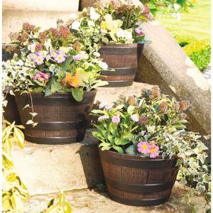3 Garden Plant Pot Planters Outdoor Flowerpots Whiskey Barrel Wood Effect Antique Vintage Style