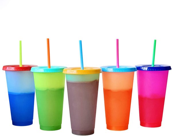 NOGIS Color Changing Cold Drink Cups: 24oz Cold Cups - 5 Reusable Cups, Lids and Straws - Summer Coffee Tumblers - Summer Cups, Set of 5 (Brights)
