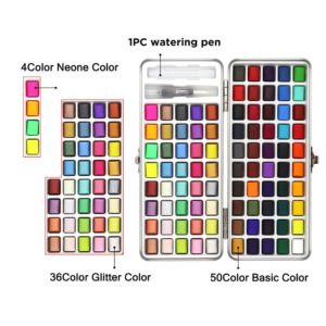 SeamiArt 72/90Color Solid Watercolor Set Basic Neone Glitter Watercolor Paint for Drawing Art Paint Supplies