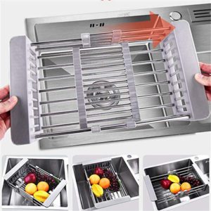 Stainless Steel Adjustable Telescopic Kitchen Over Sink Dish Drying Rack Insert Storage Organizer Fruit Vegetable Tray Drainer