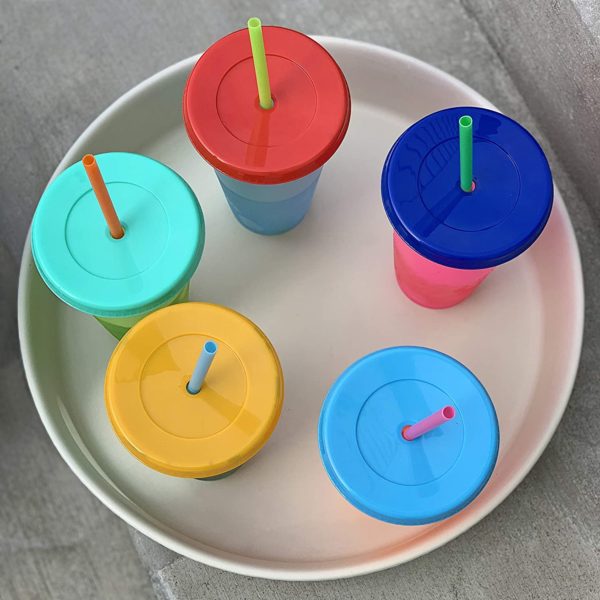 NOGIS Color Changing Cold Drink Cups: 24oz Cold Cups - 5 Reusable Cups, Lids and Straws - Summer Coffee Tumblers - Summer Cups, Set of 5 (Brights)